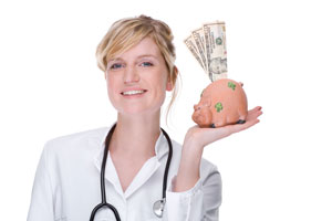 happy legal nurse consultant holding a piggy bank stuffed with dollar bills